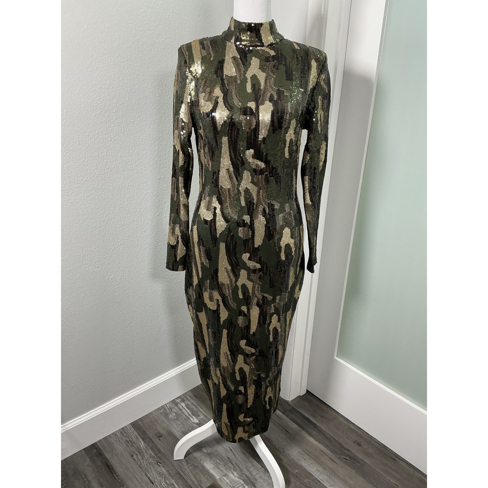 Zara Sequin Camouflage Mock Neck Midi Dress Size M Gold Olive Green Khaki